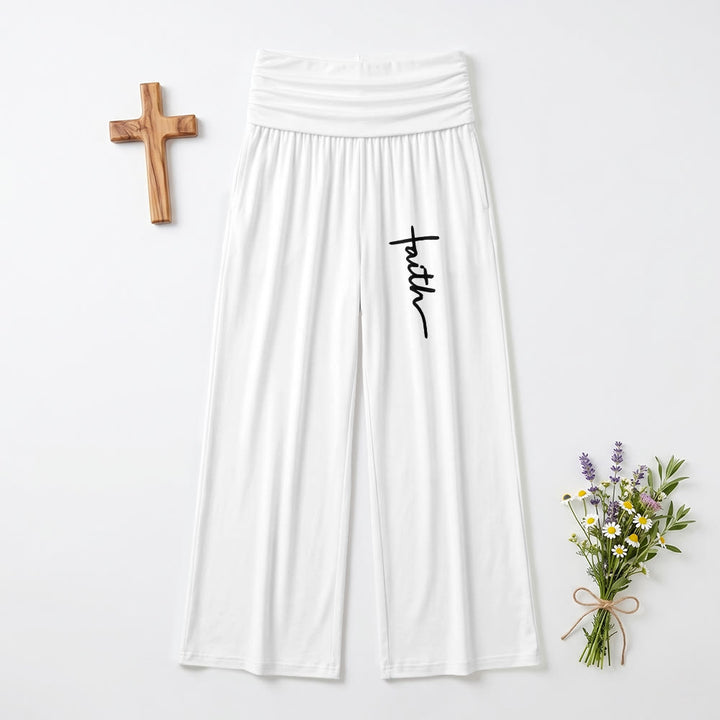 Christianartworkshop Pantalon à jambes larges taille haute avec imprimé d'écriture cursive verticale « Foi » - Blanc - US22, UK/AU26, EU54 (6XL) - image 3