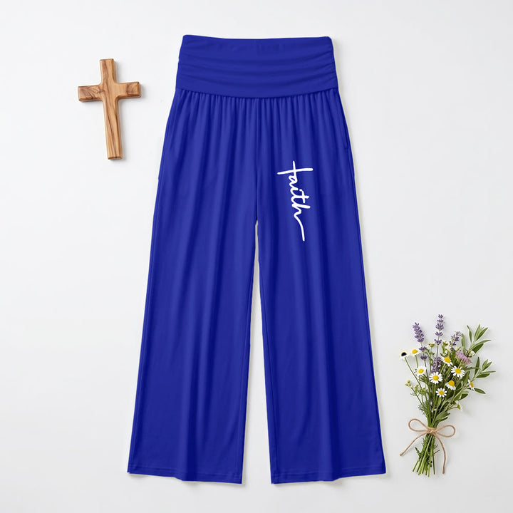 Christianartworkshop Pantalon à jambes larges taille haute avec imprimé d'écriture cursive verticale « Foi » - Bleu - US22, UK/AU26, EU54 (6XL) - image 12