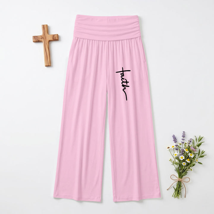 Christianartworkshop Pantalon à jambes larges taille haute avec imprimé d'écriture cursive verticale « Foi » - Rose - US22, UK/AU26, EU54 (6XL) - image 9