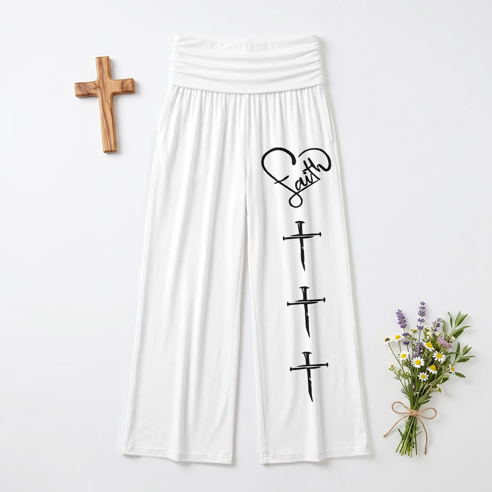 Christianartworkshop Pantalon à jambes larges imprimé croix verticale avec contour de cœur et trois clous verticaux - Blanc - US22, UK/AU26, EU54 (6XL) - image 9
