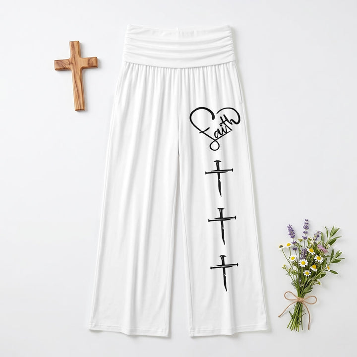 Christianartworkshop Pantalon à jambes larges imprimé croix verticale avec contour de cœur et trois clous verticaux - Blanc - US22, UK/AU26, EU54 (6XL) - image 9