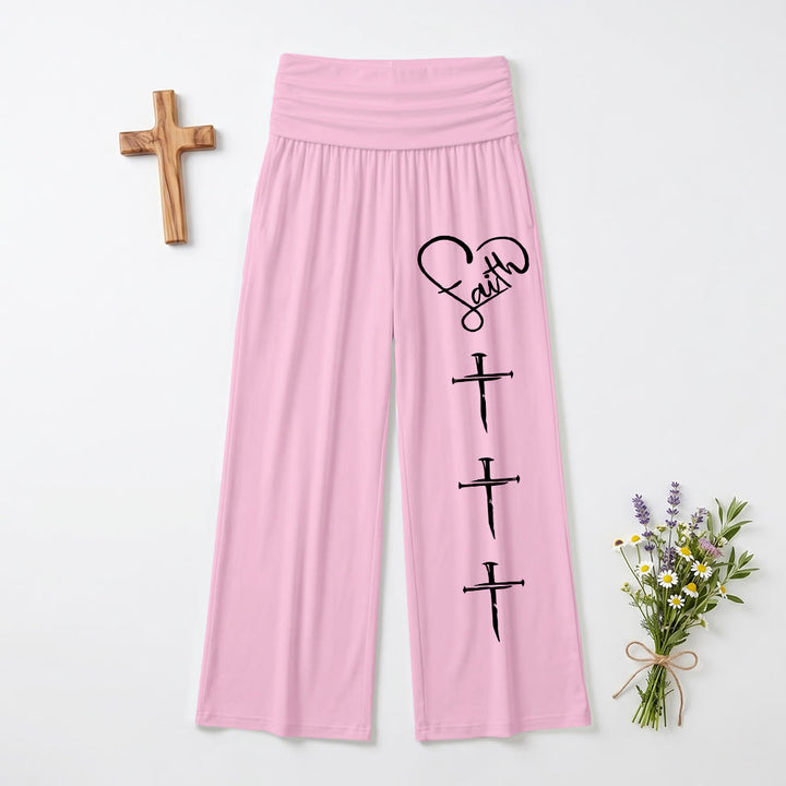 Christianartworkshop Pantalon à jambes larges imprimé croix verticale avec contour de cœur et trois clous verticaux - Rose - US22, UK/AU26, EU54 (6XL) - image 3