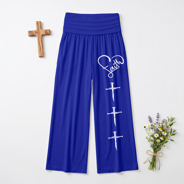 Christianartworkshop Pantalon à jambes larges imprimé croix verticale avec contour de cœur et trois clous verticaux - Bleu - US22, UK/AU26, EU54 (6XL) - image 12