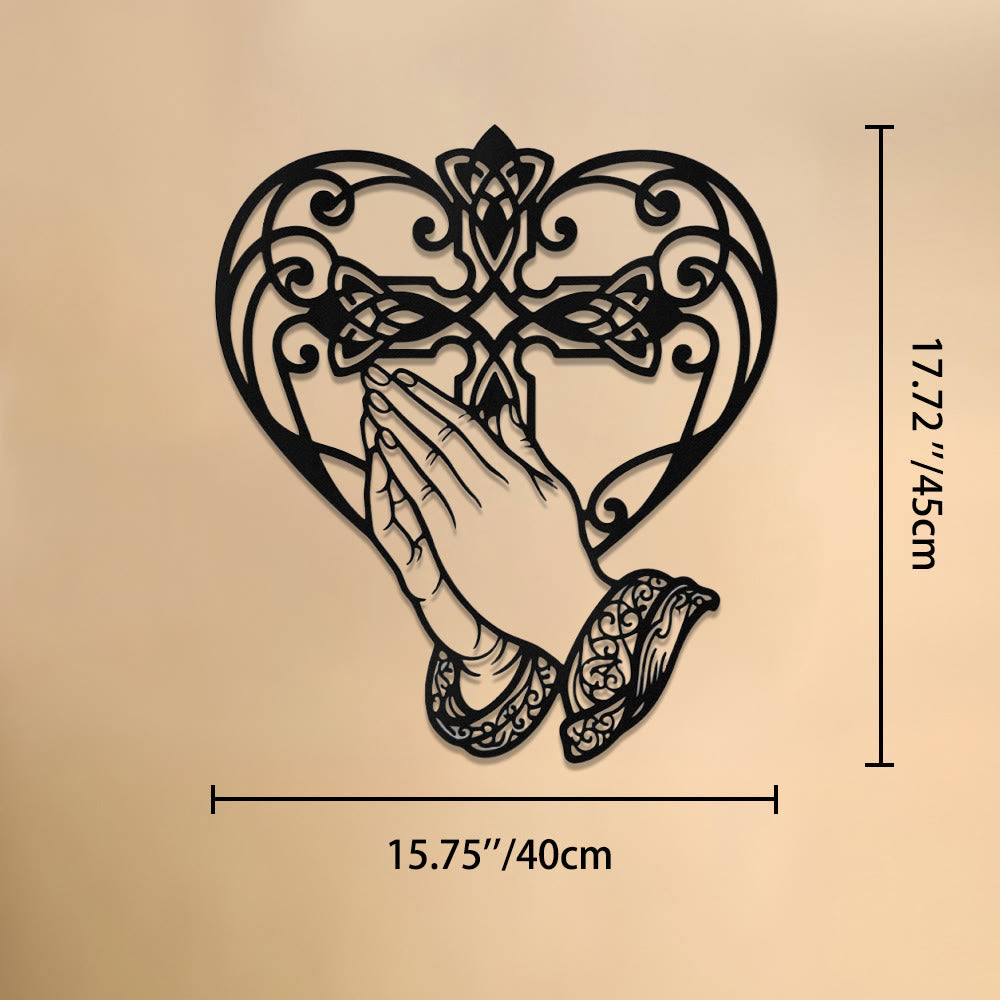Christianartworkshop Décoration murale en métal : Cadre en forme de cœur avec mains jointes en prière et croix, symbole intemporel de la grâce rédemptrice sacrée - 15,75''*17,72''*0,04''/40cm*45cm*0,1cm - image 8