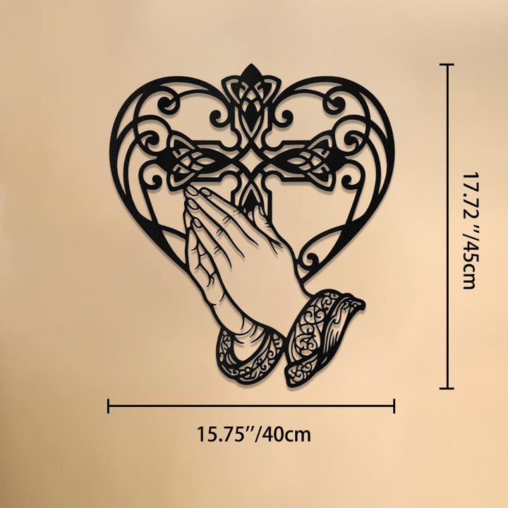 Christianartworkshop Décoration murale en métal : Cadre en forme de cœur avec mains jointes en prière et croix, symbole intemporel de la grâce rédemptrice sacrée - 15,75''*17,72''*0,04''/40cm*45cm*0,1cm - image 8