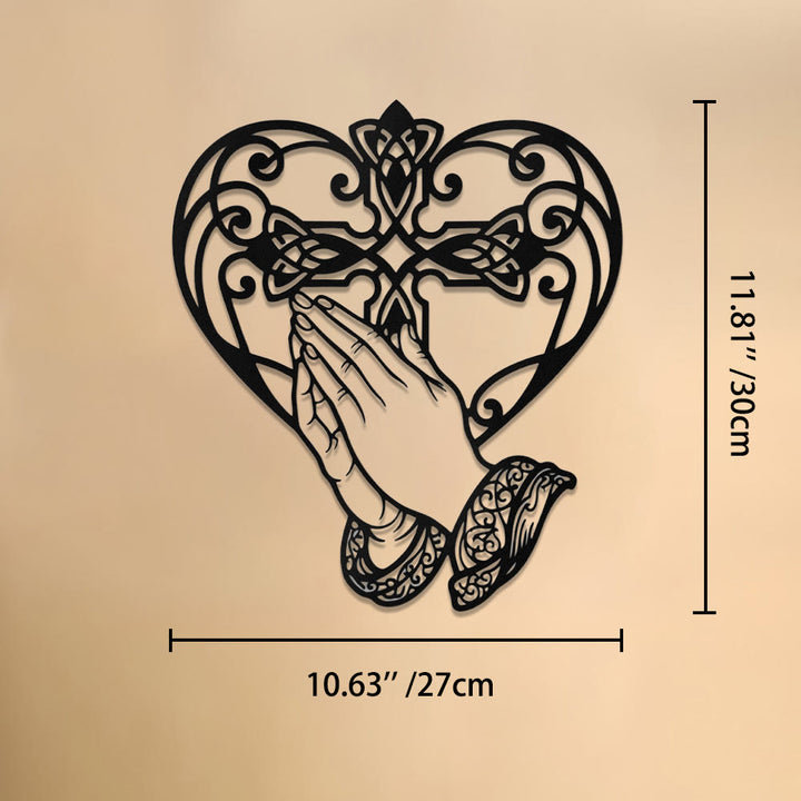 Christianartworkshop Décoration murale en métal : Cadre en forme de cœur avec mains jointes en prière et croix, symbole intemporel de la grâce rédemptrice sacrée - 10,63''*11,81''*0,04''/27cm*30cm*0,1cm - image 7