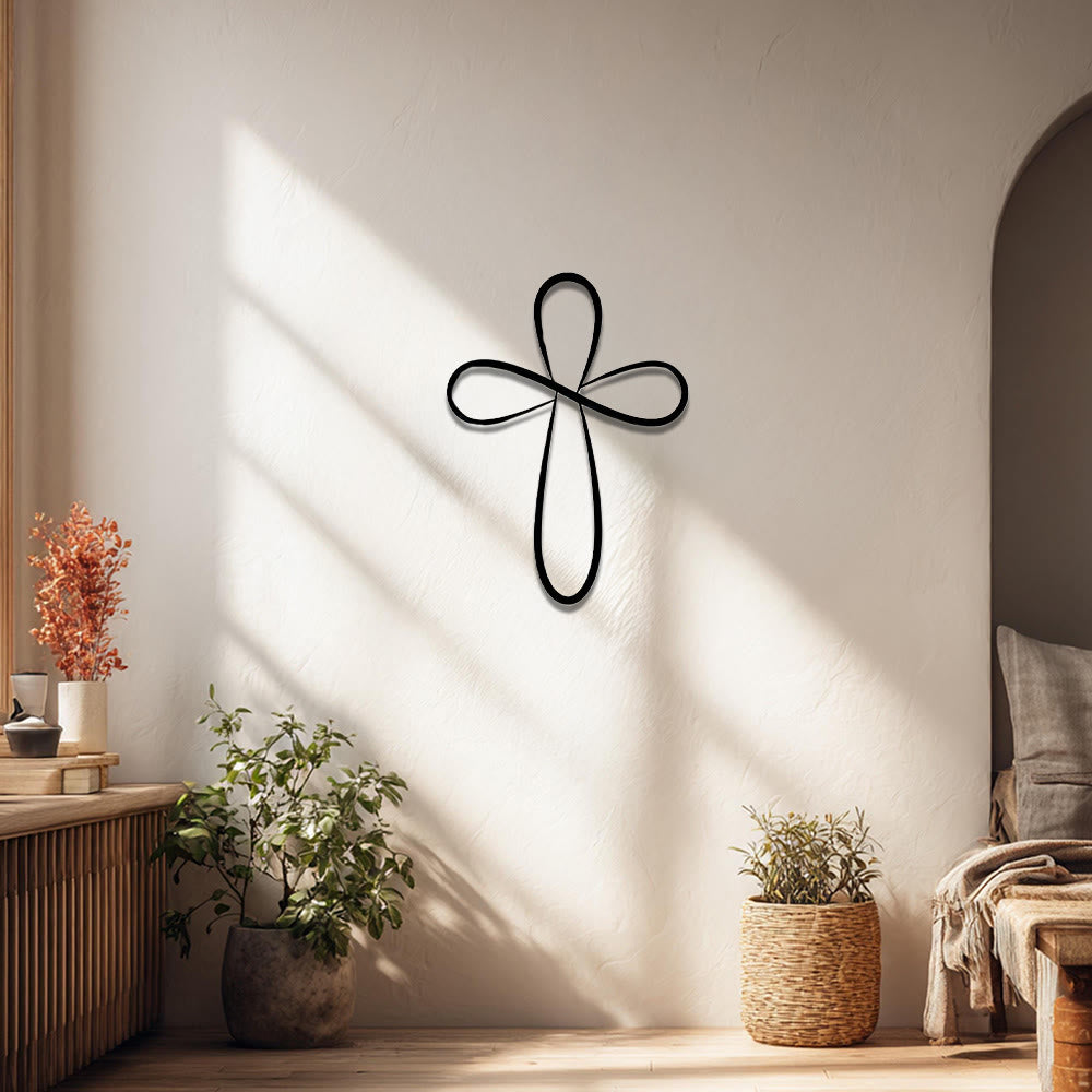 Christianartworkshop Décoration murale minimaliste en métal, croix à une seule ligne, boucle infinie : emblème intemporel de la grâce rédemptrice sacrée - image 0