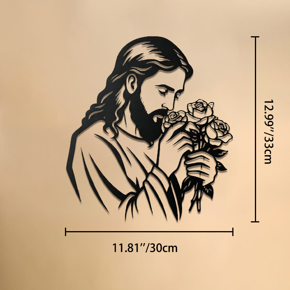 Christianartworkshop Décoration murale en métal représentant Jésus tenant une rose : emblème intemporel de la grâce rédemptrice sacrée - 11,81''*12,99''*0,04''/30cm*33cm*0,1cm - image 9