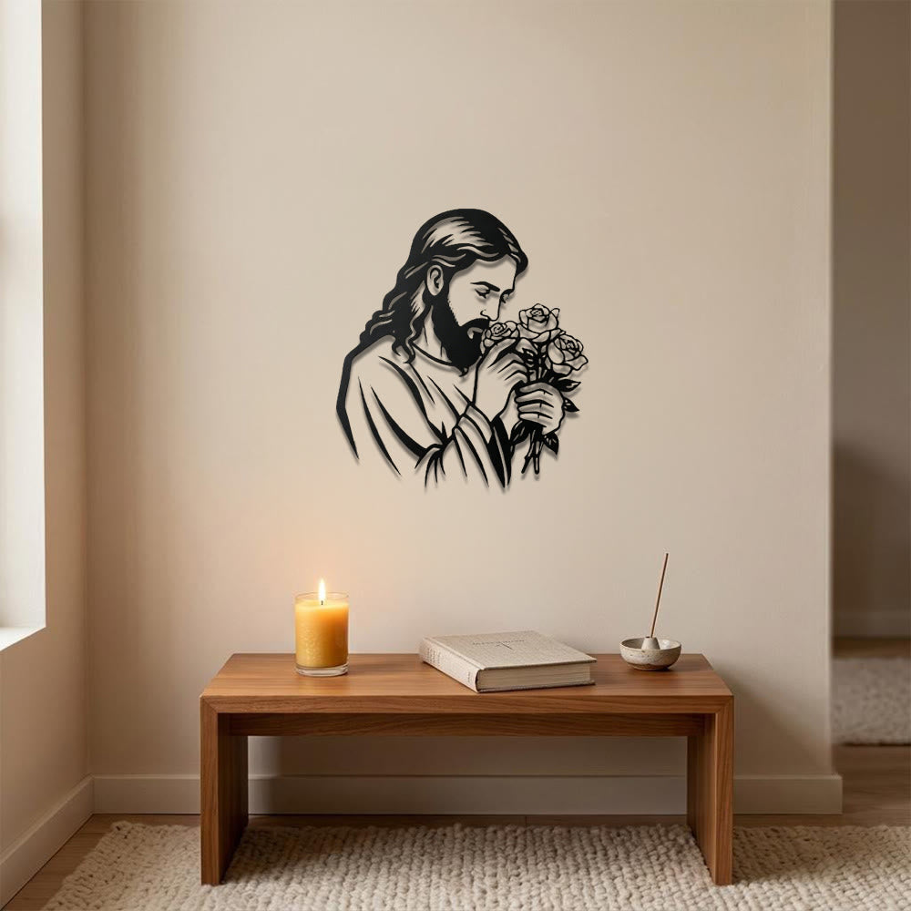 Christianartworkshop Décoration murale en métal représentant Jésus tenant une rose : emblème intemporel de la grâce rédemptrice sacrée - image 1