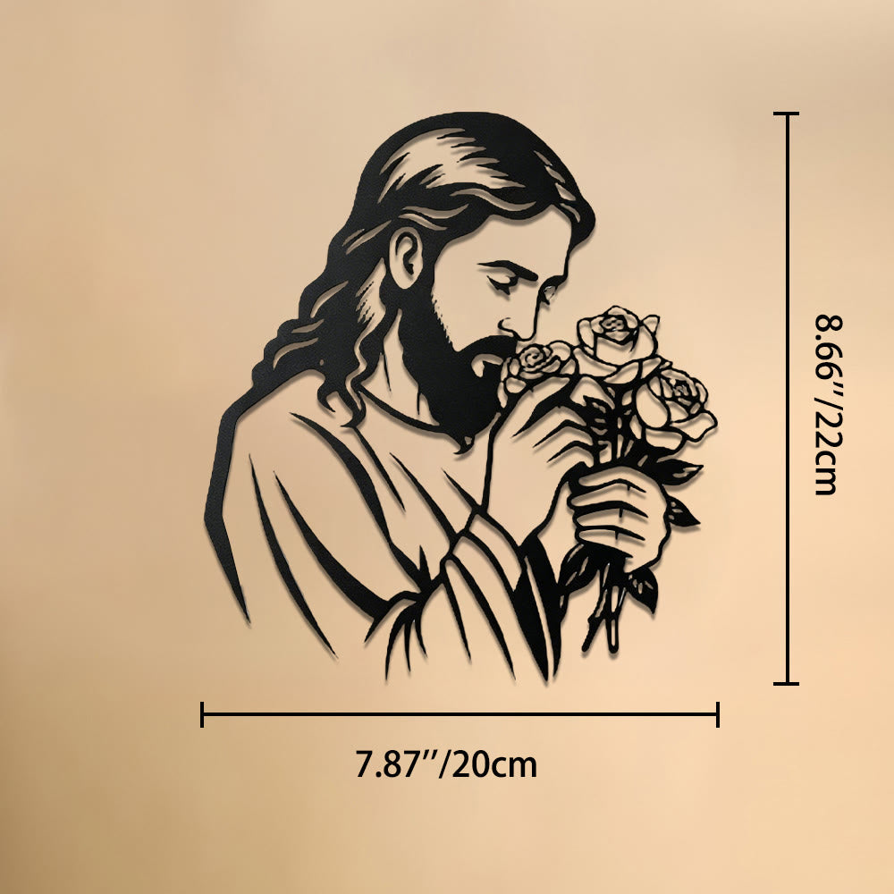 Christianartworkshop Décoration murale en métal représentant Jésus tenant une rose : emblème intemporel de la grâce rédemptrice sacrée - 7,87''*8,66''*0,04''/20cm*22cm*0,1cm - image 8