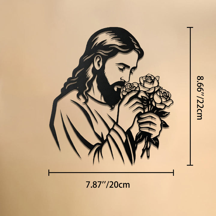 Christianartworkshop Décoration murale en métal représentant Jésus tenant une rose : emblème intemporel de la grâce rédemptrice sacrée - 7,87''*8,66''*0,04''/20cm*22cm*0,1cm - image 8