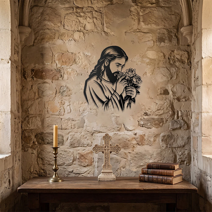 Christianartworkshop Décoration murale en métal représentant Jésus tenant une rose : emblème intemporel de la grâce rédemptrice sacrée - image 4