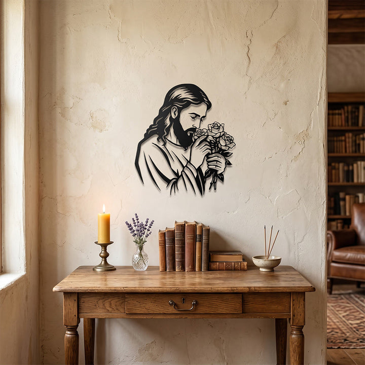 Christianartworkshop Décoration murale en métal représentant Jésus tenant une rose : emblème intemporel de la grâce rédemptrice sacrée - image 2