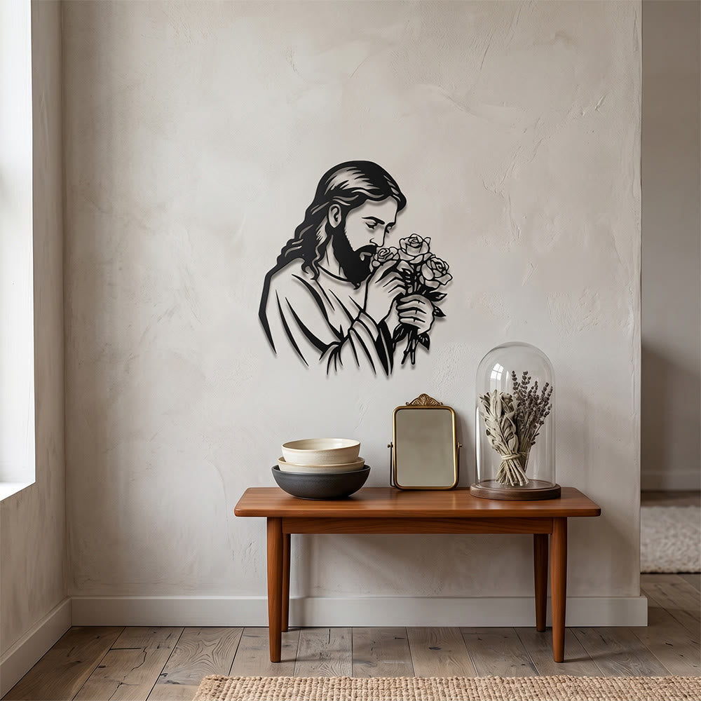 Christianartworkshop Décoration murale en métal représentant Jésus tenant une rose : emblème intemporel de la grâce rédemptrice sacrée - image 6