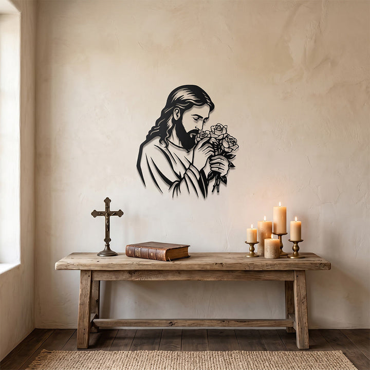 Christianartworkshop Décoration murale en métal représentant Jésus tenant une rose : emblème intemporel de la grâce rédemptrice sacrée - image 7