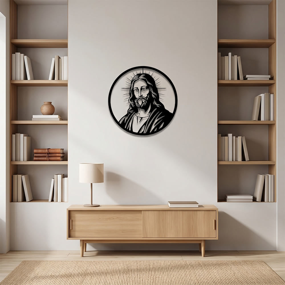 Christianartworkshop Décoration murale en métal représentant le portrait de Jésus auréolé d'une auréole rayonnante et bord circulaire : emblème intemporel de la grâce rédemptrice sacrée - image 1