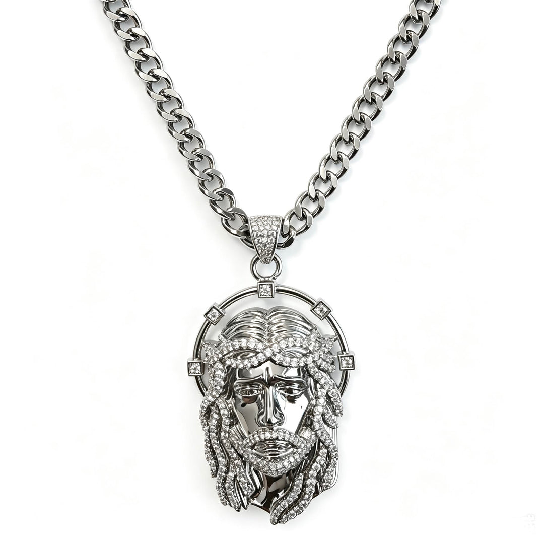 Christianartworkshop Collier à maillons multiples avec pendentif ovale en strass et halo représentant le visage sacré : emblème intemporel de douce protection céleste - Chaîne en argent et cubaine - image 15
