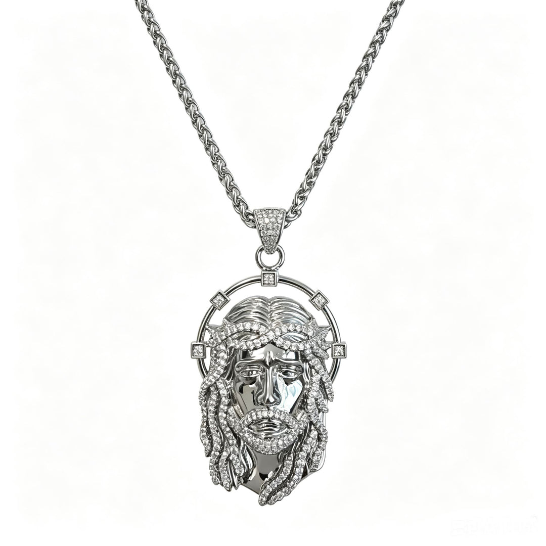 Christianartworkshop Collier à maillons multiples avec pendentif ovale en strass et halo représentant le visage sacré : emblème intemporel de douce protection céleste - Chaîne en argent et panier - image 16