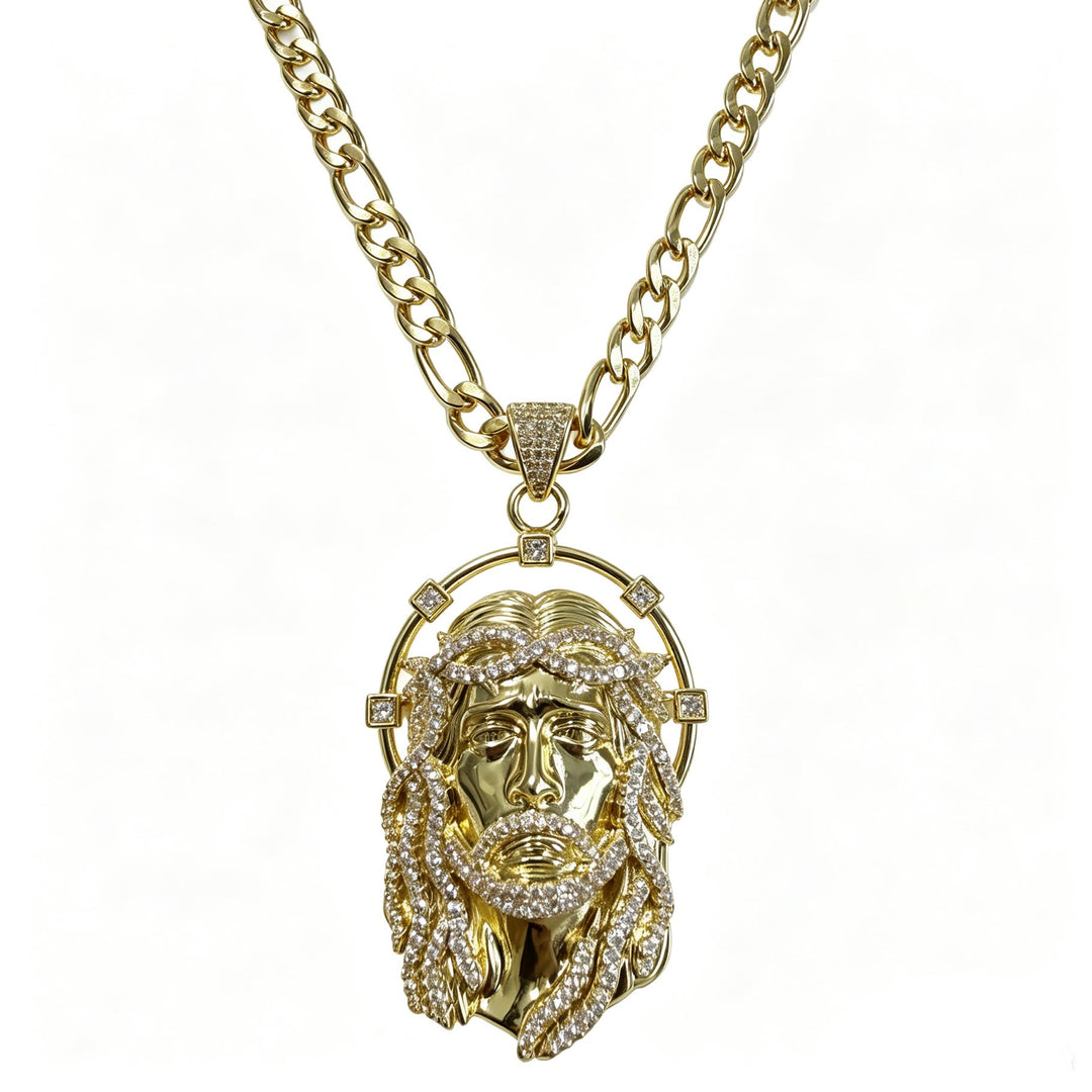 Christianartworkshop Collier à maillons multiples avec pendentif ovale en strass et halo représentant le visage sacré : emblème intemporel de douce protection céleste - Chaîne dorée et Figaro - image 5