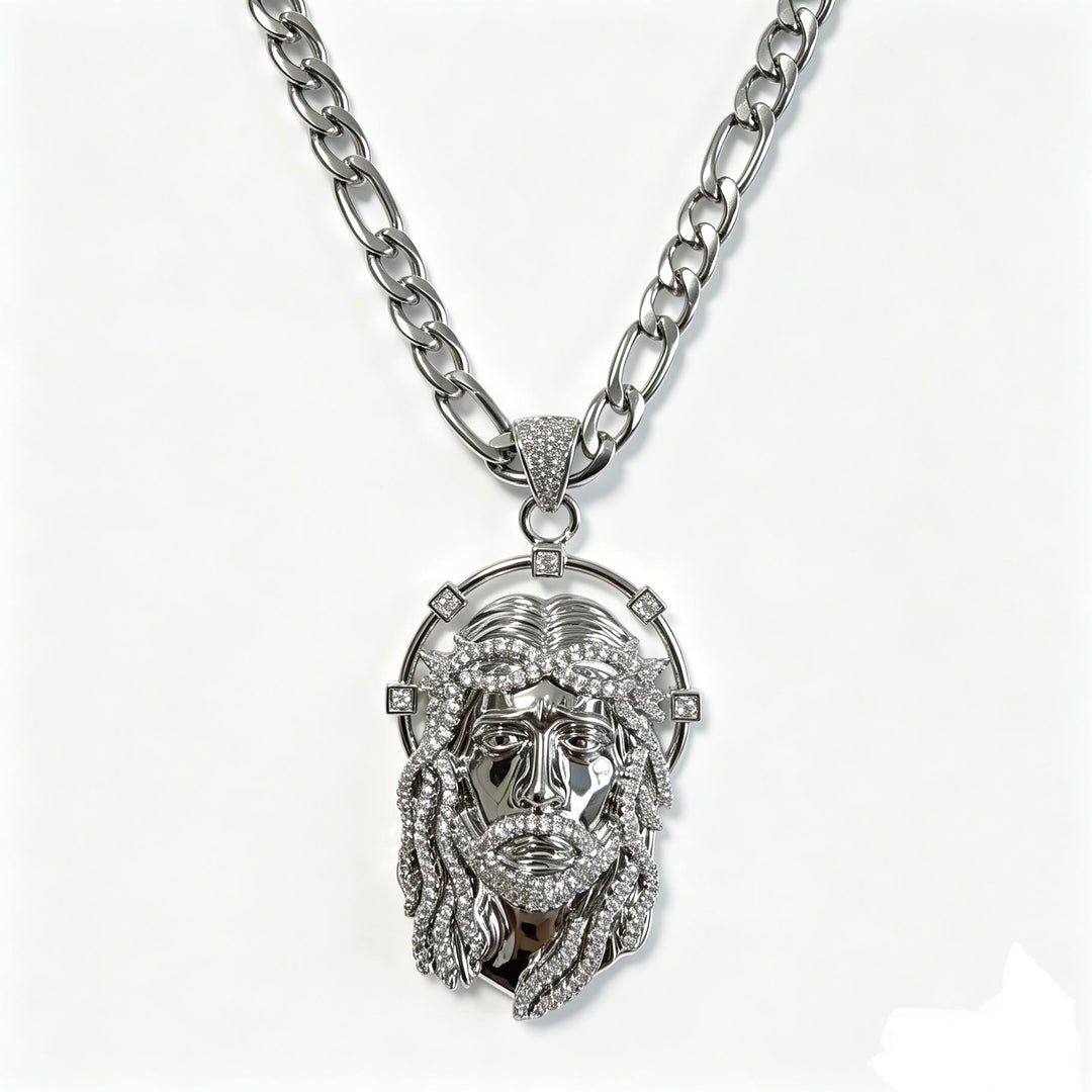 Christianartworkshop Collier à maillons multiples avec pendentif ovale en strass et halo représentant le visage sacré : emblème intemporel de douce protection céleste - Chaîne en argent et Figaro - image 14