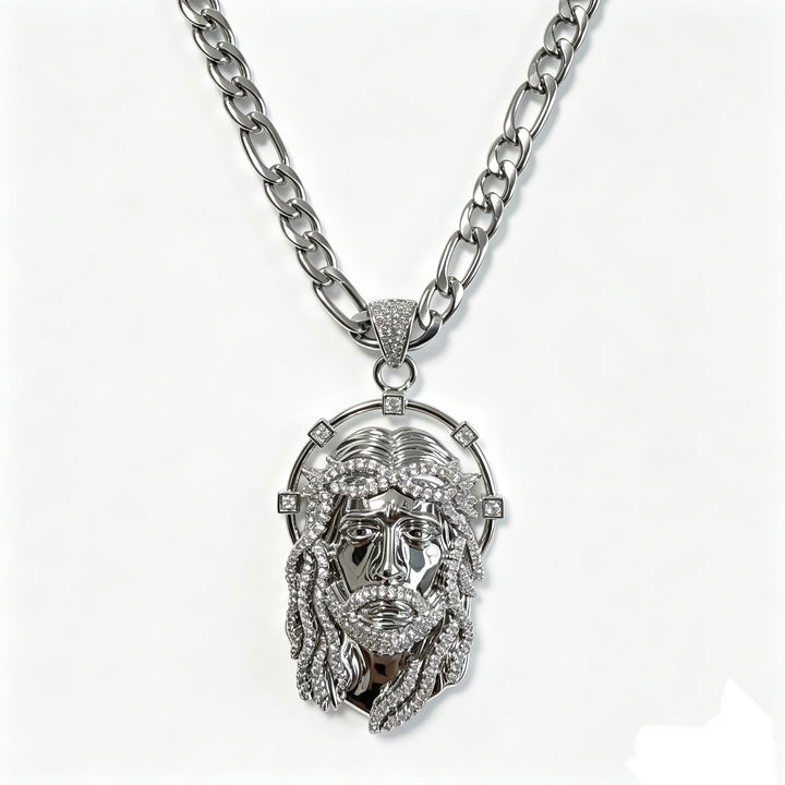 Christianartworkshop Collier à maillons multiples avec pendentif ovale en strass et halo représentant le visage sacré : emblème intemporel de douce protection céleste - Chaîne en argent et Figaro - image 14