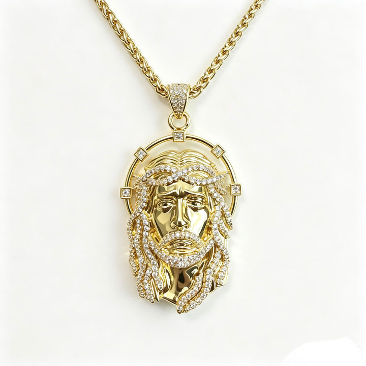 Christianartworkshop Collier à maillons multiples avec pendentif ovale en strass et halo représentant le visage sacré : emblème intemporel de douce protection céleste - Chaîne dorée et panier - image 7