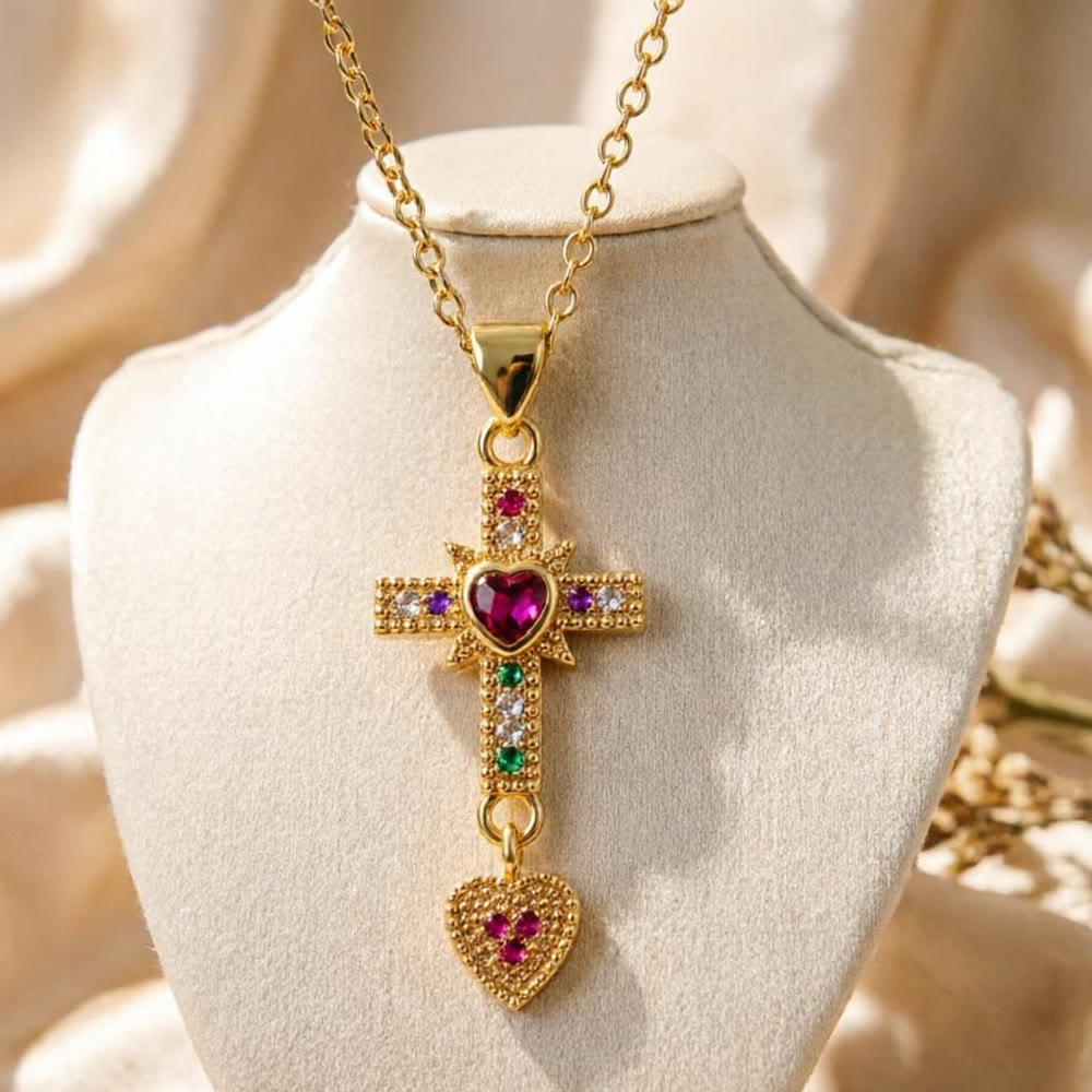 Christianartworkshop Collier Croix Sacrée en Pierres Colorées Scintillantes et Boucles d'Oreilles Créoles : Emblème Intemporel de Douce Protection Céleste - image 0