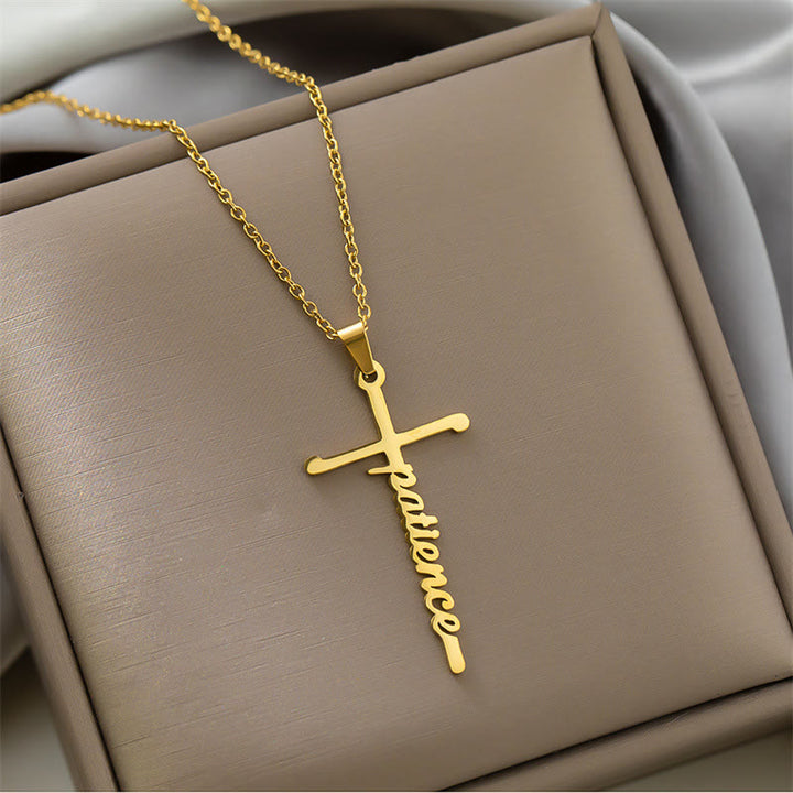 Christianartworkshop Collier à maillons fins avec pendentif croix et inscription « Foi » en écriture cursive : emblème intemporel de douce protection céleste - Patience - Doré - image 4