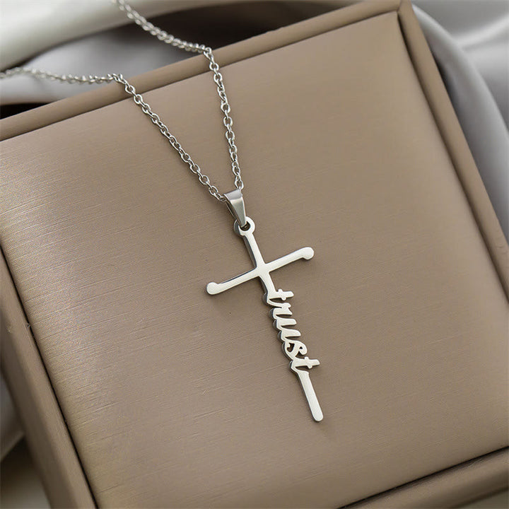 Christianartworkshop Collier à maillons fins avec pendentif croix et inscription « Foi » en écriture cursive : emblème intemporel de douce protection céleste - Confiance - Argent - image 14