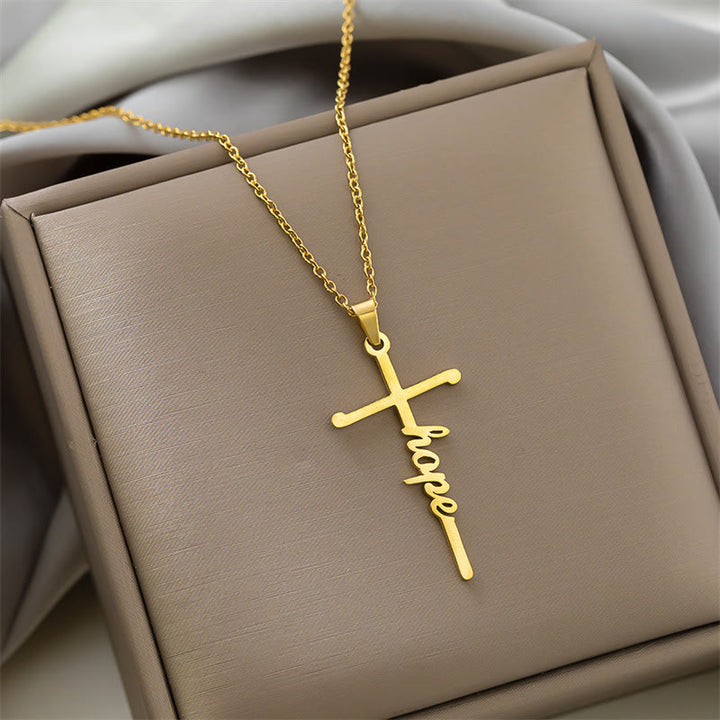 Christianartworkshop Collier à maillons fins avec pendentif croix et inscription « Foi » en écriture cursive : emblème intemporel de douce protection céleste - Espoir - Doré - image 0