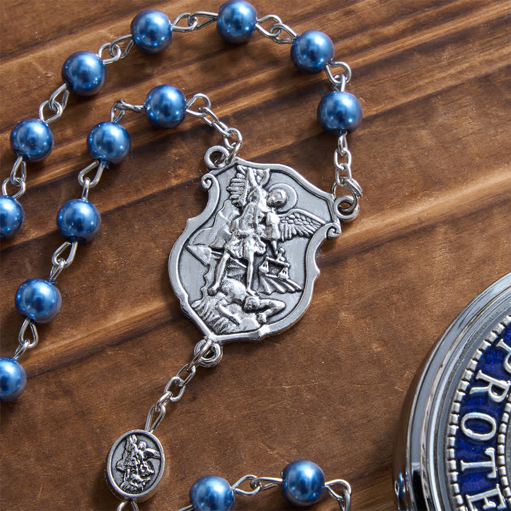 Chapelet en argent ou bleu de Christianartworkshop avec médaille antique en argent représentant l'archange et boîte ronde gravée assortie - image 11