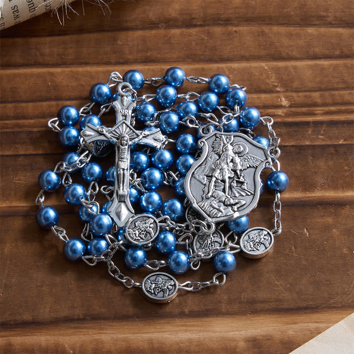 Chapelet en argent ou bleu de Christianartworkshop avec médaille antique en argent représentant l'archange et boîte ronde gravée assortie - image 7
