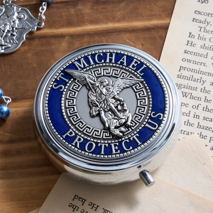 Chapelet en argent ou bleu de Christianartworkshop avec médaille antique en argent représentant l'archange et boîte ronde gravée assortie - image 8