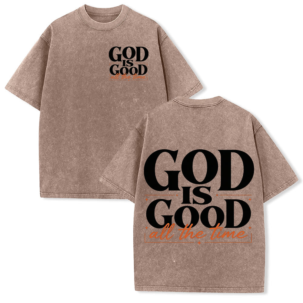 Christianartworkshop T-shirt vintage délavé, imprimé recto-verso sur la poitrine gauche, avec police cursive contrastée « DIEU EST BON en tout temps ». - Brun - 5XL - image 0