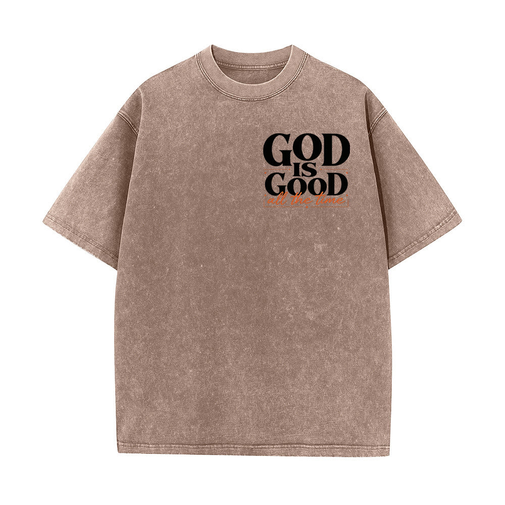 Christianartworkshop T-shirt vintage délavé, imprimé recto-verso sur la poitrine gauche, avec police cursive contrastée « DIEU EST BON en tout temps ». - image 1
