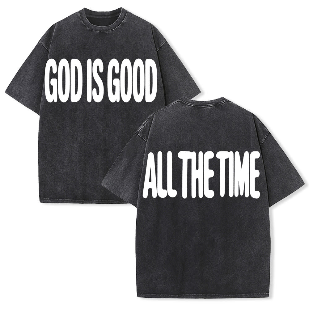 Christianartworkshop T-shirt oversize à bulles double face « DIEU EST BON » (devant, tout le temps) ; texte uni en gras (dos), effet délavé vintage. - Noir - 5XL - image 0