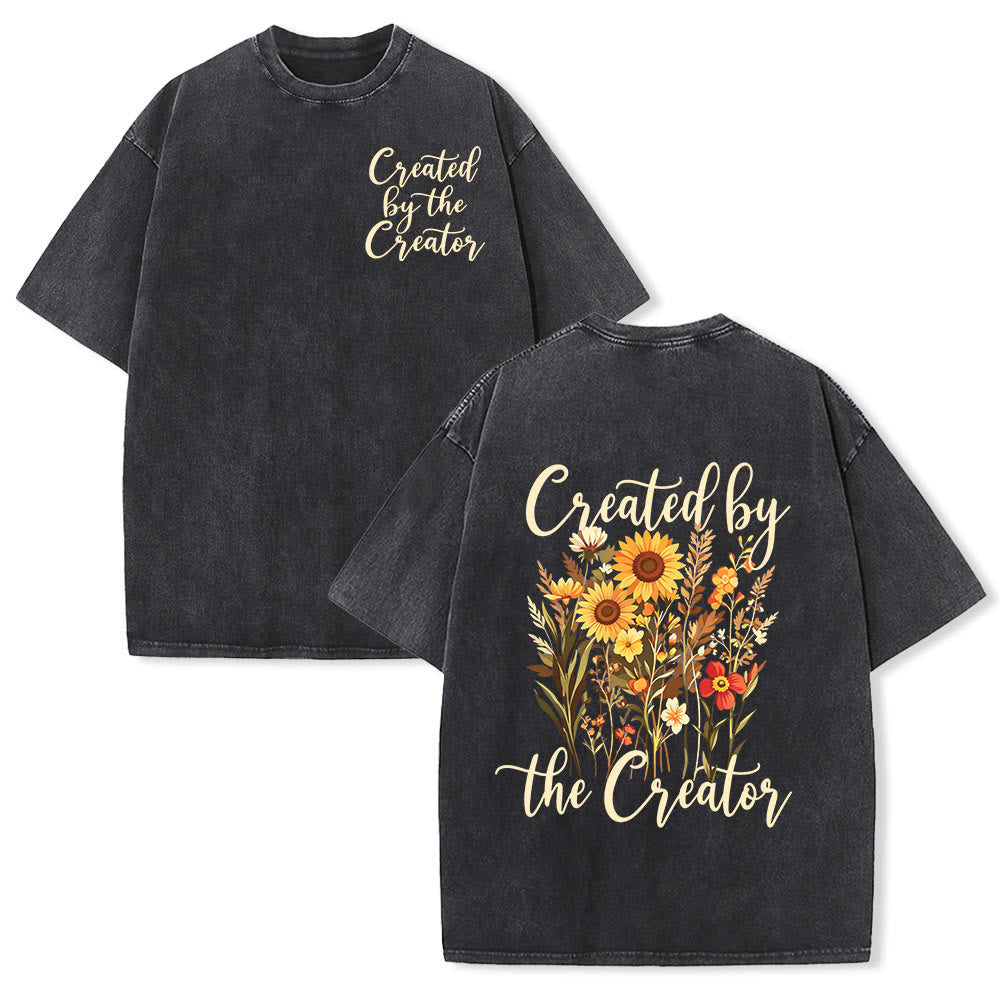 Christianartworkshop Créé par le créateur T-shirt élégant à imprimé cursif en forme de bouquet de tournesols sauvages, style vintage délavé - Noir - 5XL - image 0