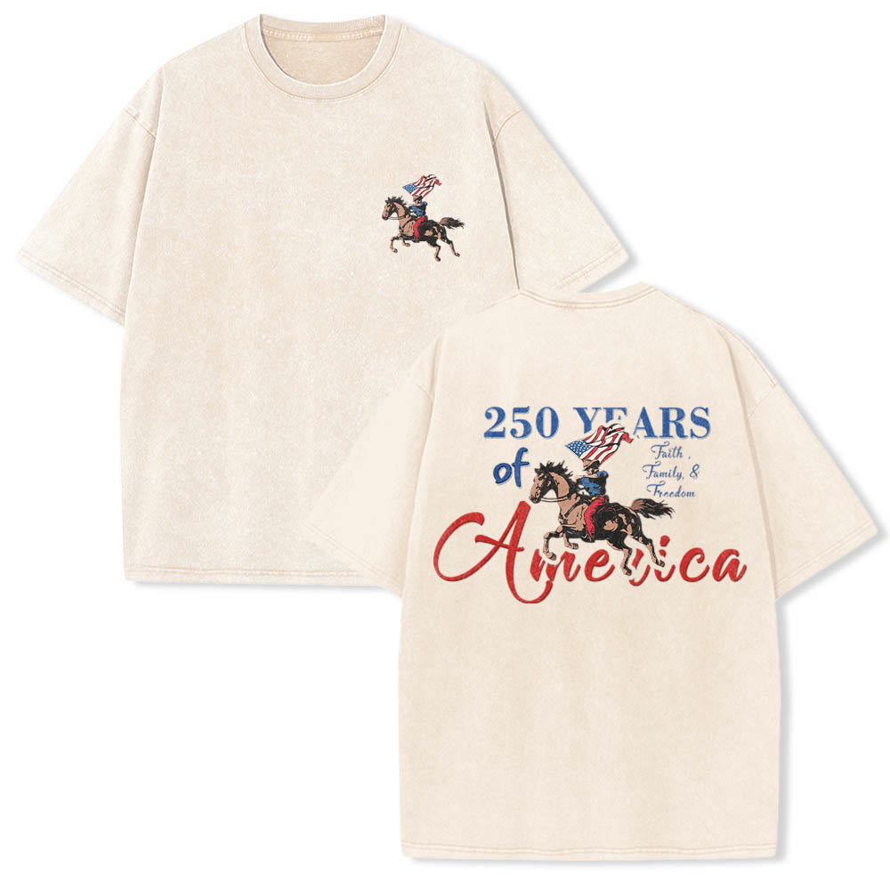 Christianartworkshop T-shirt vintage délavé à double impression patriotique avec un cowboy et un cheval, 250 ans d'Amérique - Beige - 5XL - image 0