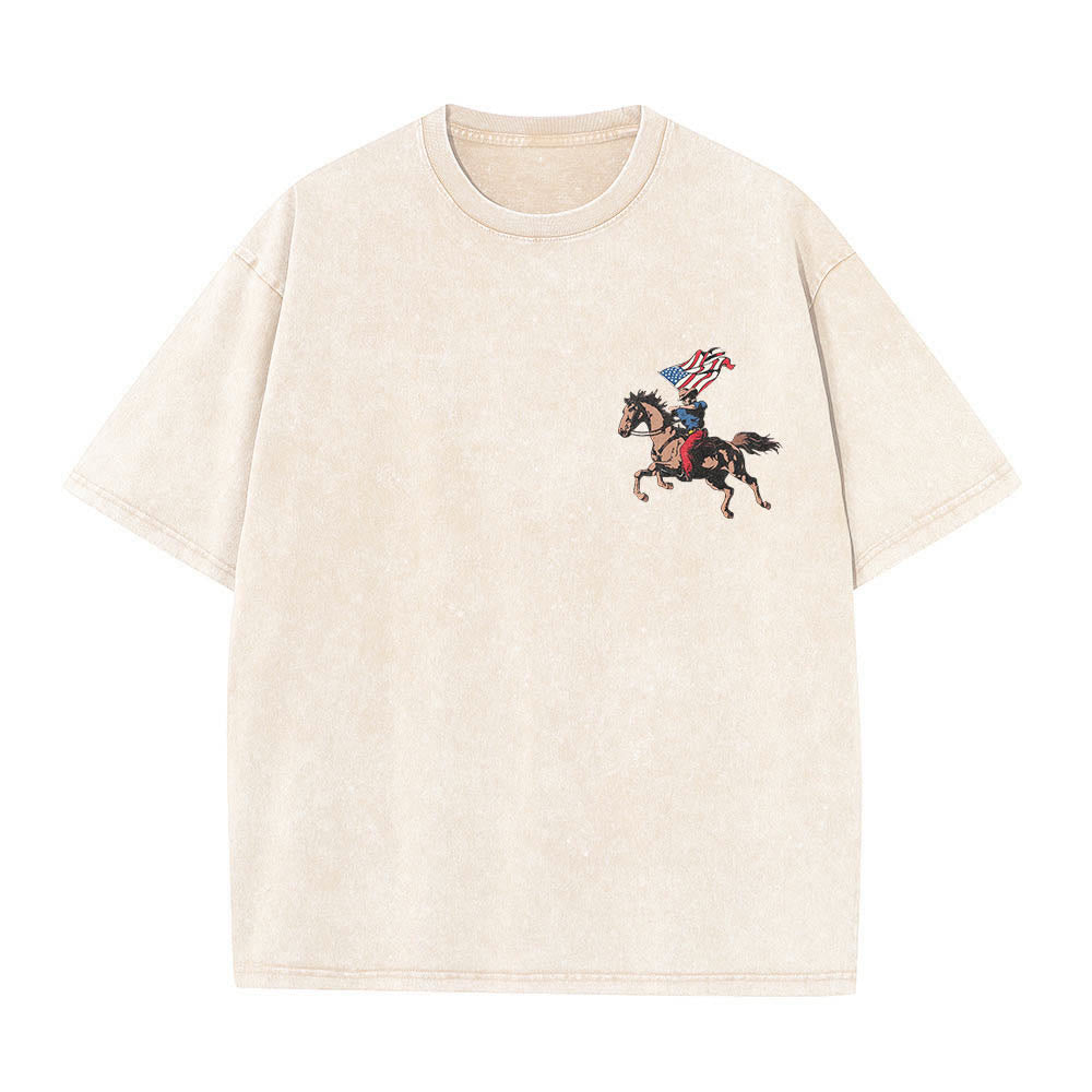 Christianartworkshop T-shirt vintage délavé à double impression patriotique avec un cowboy et un cheval, 250 ans d'Amérique - image 1