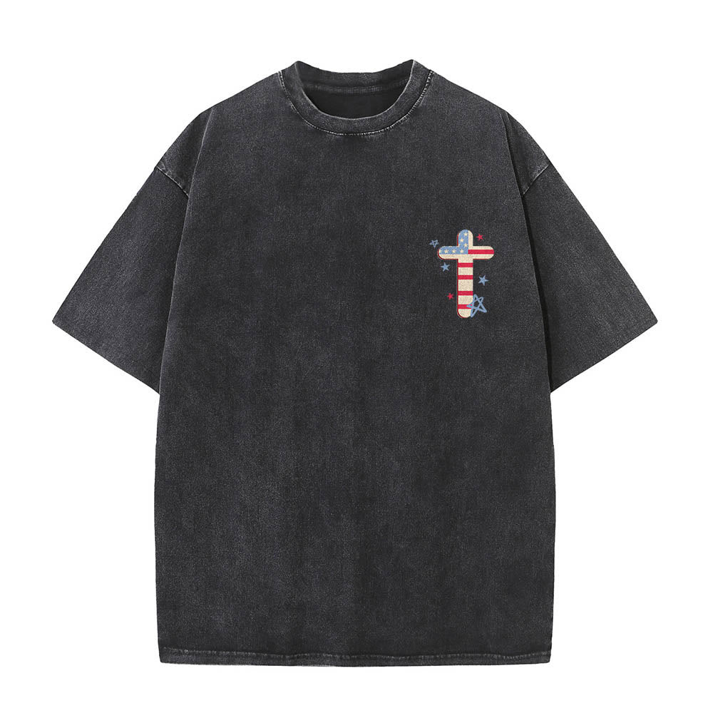 Christianartworkshop T-shirt vintage délavé à imprimé double face, motif drapeau patriotique Stars & Stripes, Jésus-Christ et croix multicolore, inscription bouclée au dos. - image 1