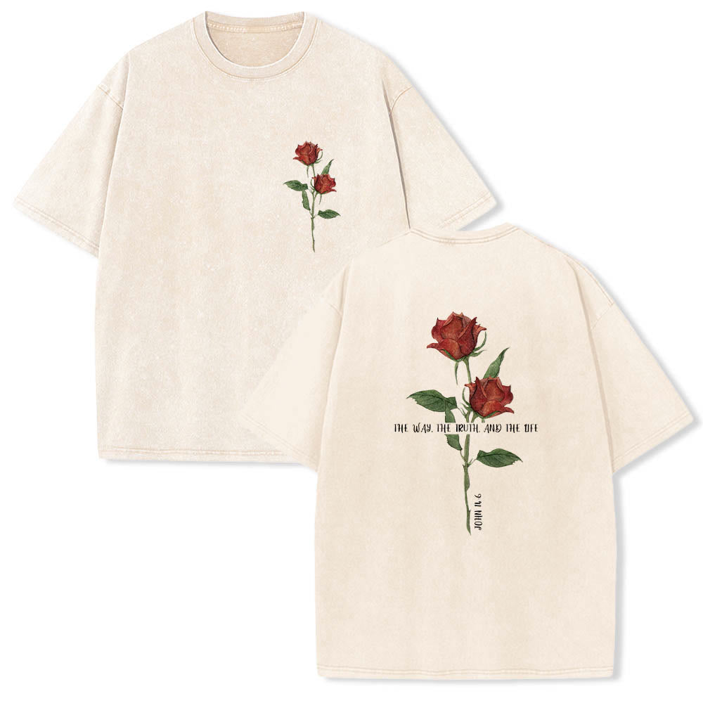Christianartworkshop T-shirt vintage délavé, imprimé double avec un motif aquarelle de deux tiges de roses rouges, « Le Chemin, la Vérité et la Vie » et une citation biblique. - Beige - 5XL - image 0