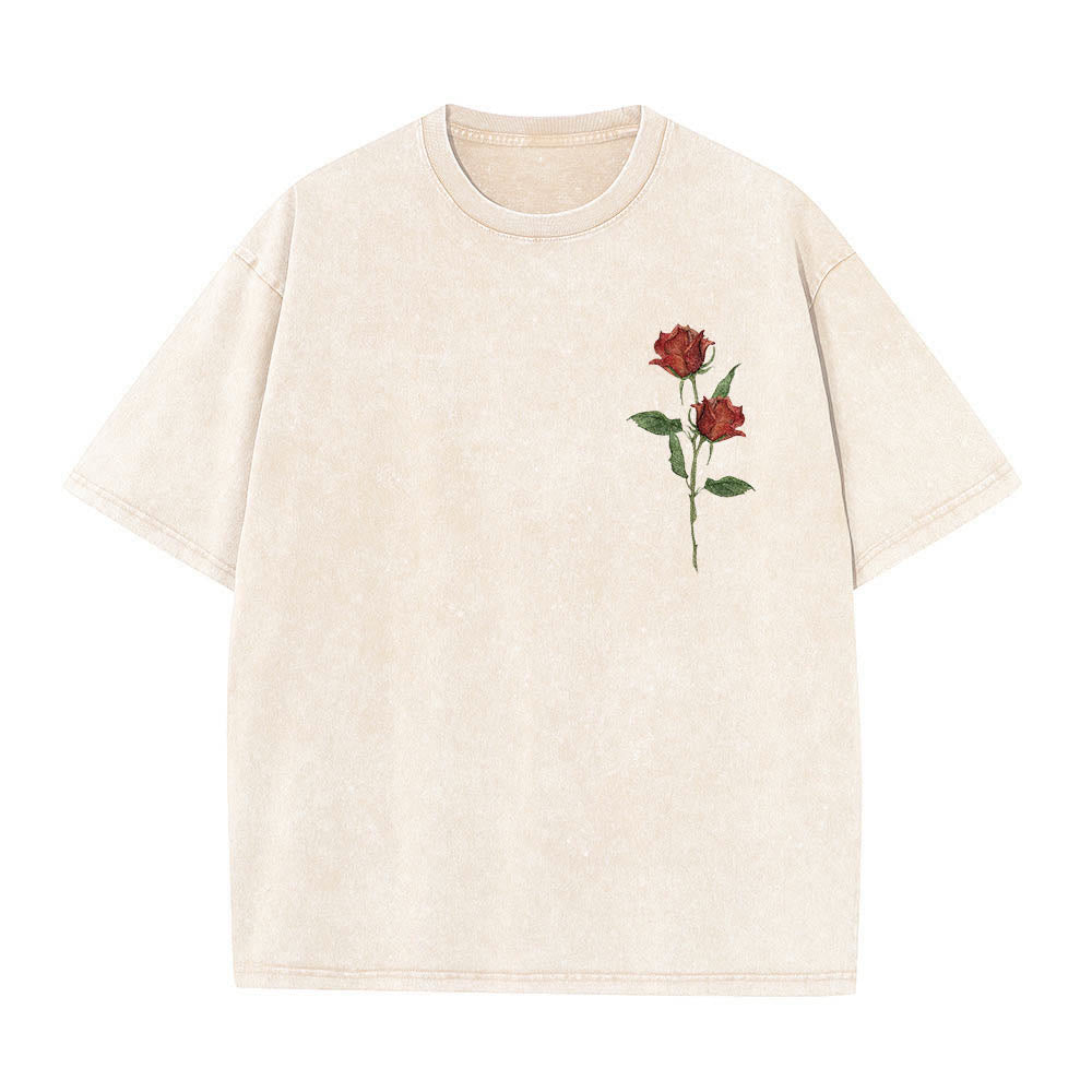 Christianartworkshop T-shirt vintage délavé, imprimé double avec un motif aquarelle de deux tiges de roses rouges, « Le Chemin, la Vérité et la Vie » et une citation biblique. - image 1
