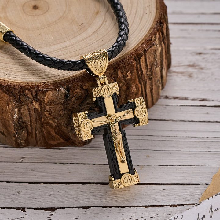 Collier pendentif croix de Jésus style luxe Christianartworkshop en alliage noir et or - Noir - image 0