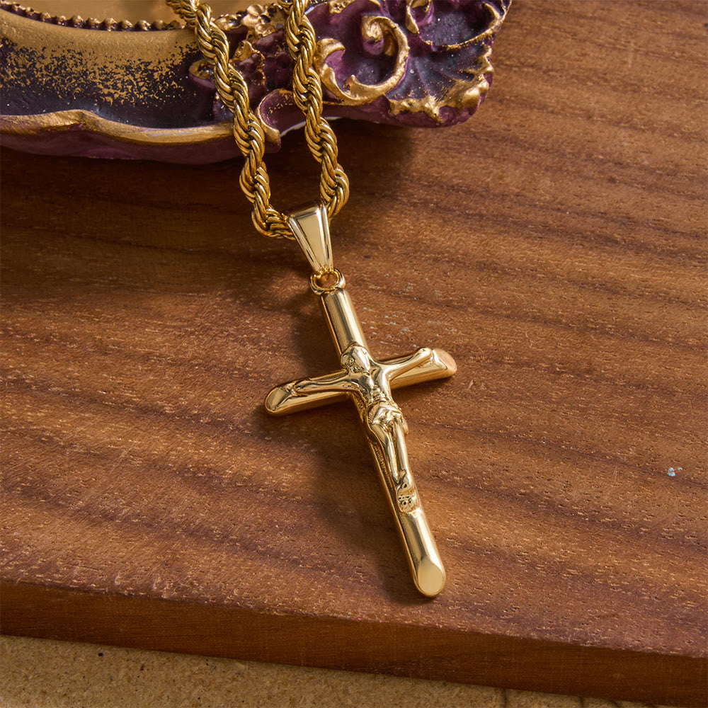 Christianartworkshop Collier avec pendentif crucifix en relief et chaîne torsadée : emblème intemporel de la douce protection céleste - Doré - image 1