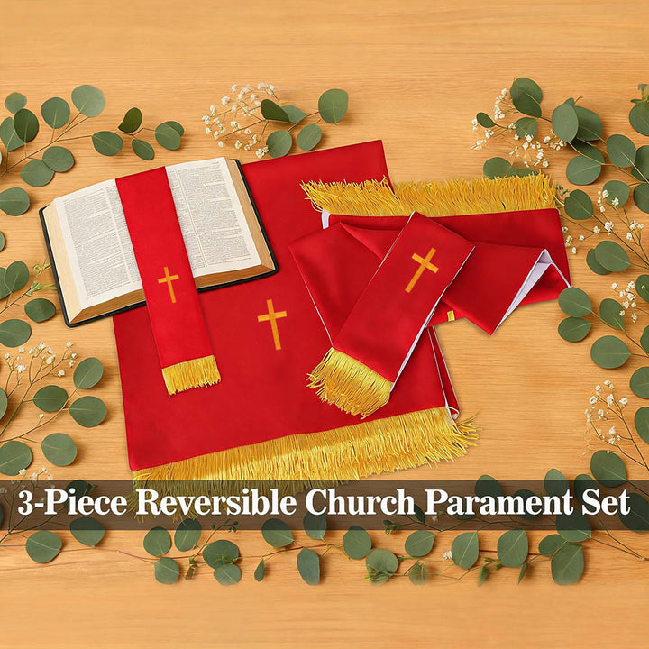 Ensemble complet de parement religieux Christianartworkshop : chemin de table, nappe de lutrin et marque-page biblique rouges et blancs - image 8
