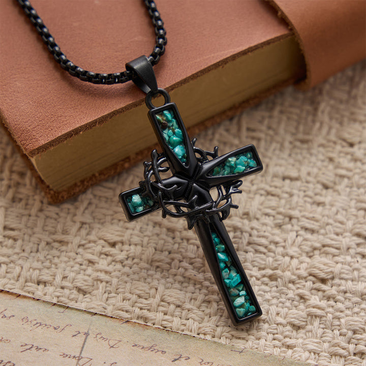 Christianartworkshop Collier croix en turquoise broyée incrustée, style bohème occidental : emblème intemporel de douce protection céleste - Croix - image 0