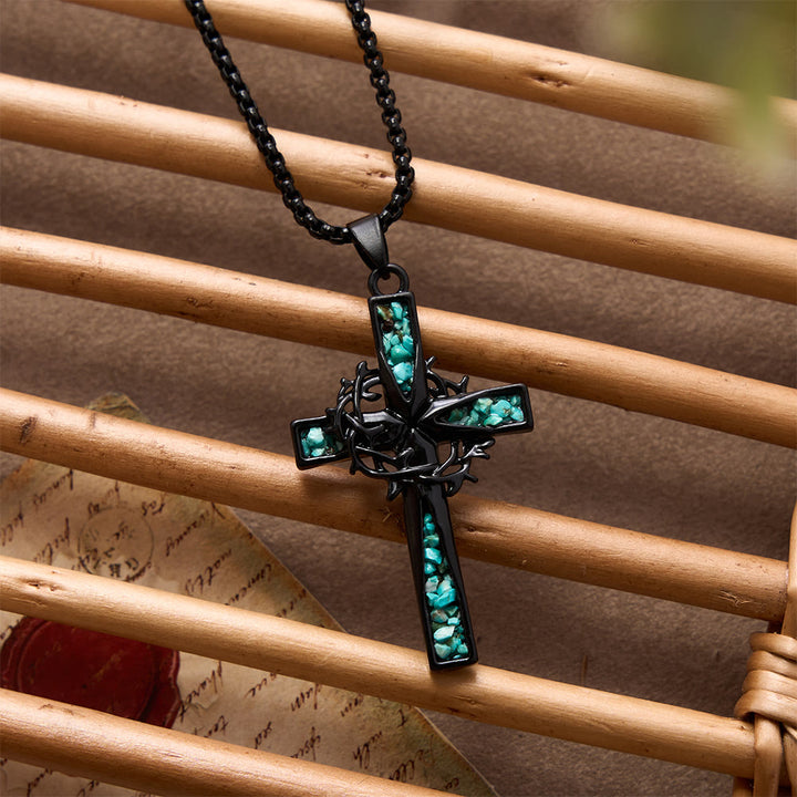 Christianartworkshop Collier croix en turquoise broyée incrustée, style bohème occidental : emblème intemporel de douce protection céleste - image 4