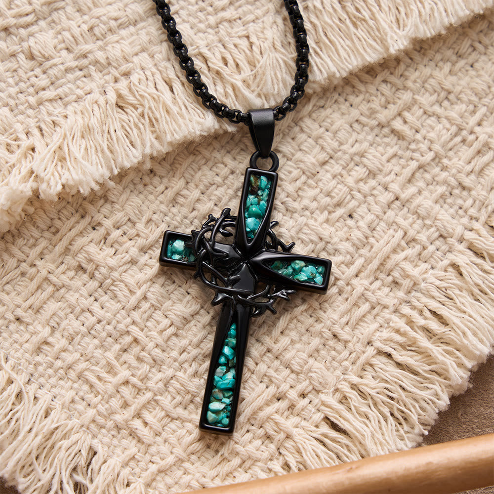Christianartworkshop Collier croix en turquoise broyée incrustée, style bohème occidental : emblème intemporel de douce protection céleste - image 1