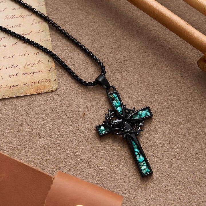 Christianartworkshop Collier croix en turquoise broyée incrustée, style bohème occidental : emblème intemporel de douce protection céleste - image 3