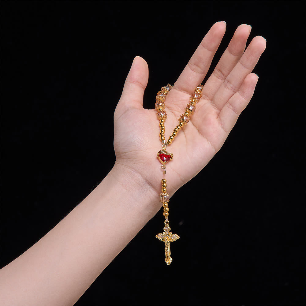 Chapelet de poche Christianartworkshop Luxe couleur champagne avec Sacré-Cœur et crucifix orné de pierres précieuses : un bijou à double usage pour la prière et à suspendre dans la voiture - image 1